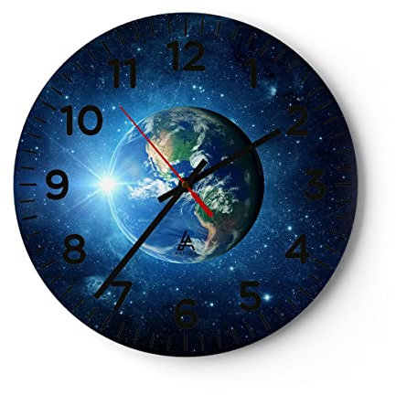 Modern Wanduhr Erde Universum Sterne Galaxie 40x40cm Rund Groß Wand Uhr Glas Analog Zimmeruhren Küche Büro Wohnzimmer Glasuhr Wall Clock Dekoration Design Wanddekoration Küchenuhr C4AR40x40-2943
