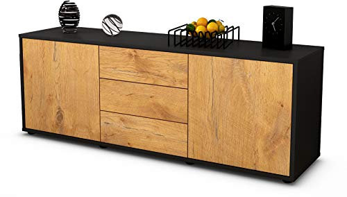 Stil.Zeit TV Schrank Lowboard Ameline, Korpus anthrazit matt, Front Holz Design Eiche (135x49x35cm), Push to Open Technik & Leichtlaufschienen