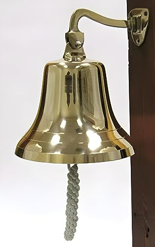 Enorme campana de barco para colgar en la pared con cuerda, latón pulido de 10 pulgadas, para decoración náutica de interiores y exteriores, decoración de barco marítimo con soporte de accesorios de