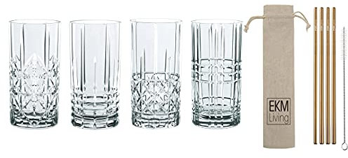 Spiegelau & Nachtmann, 4-teiliges Longdrink-Set, Kristallglas, 445 ml, Highland, 0097784-0 + 4er Set EKM Living Edelstahl Strohhalme Kupfer gerade