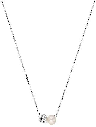 Amor Kette mit Anhänger 925 Sterling Silber Damen Halsschmuck, mit Zirkonia synth., mit Muschelkernperle, 42 cm, Silber, Herz, Kommt in Schmuck Geschenk Box, 2026033