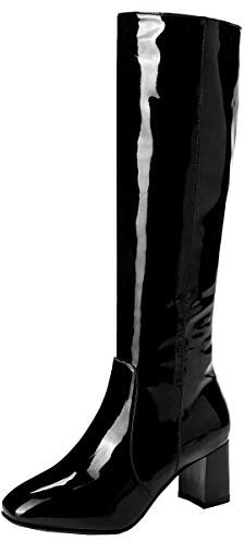 LUXMAX Donna Stivali Vernice al Ginocchio Polpaccio Tacco a Blocco Scarpe con Tacco Medio Grosso Cerniera (Nero) - 38 EU