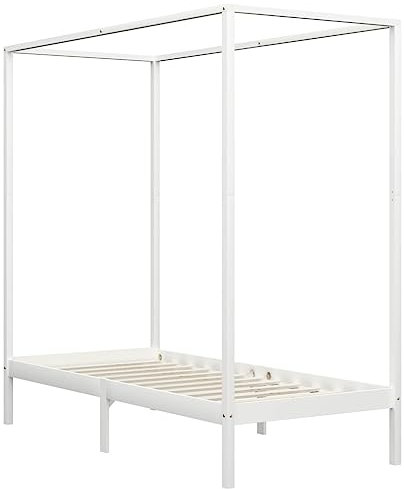 vidaXL Kiefernholz Massiv Himmelbett Bett Bettgestell Einzelbett Holzbett Bettrahmen Lattenrost Massivholzbett Schlafzimmerbett Weiß 100x200cm