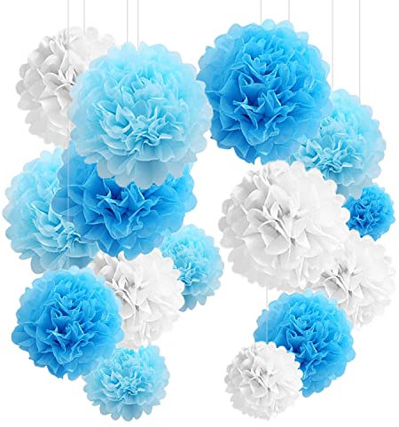 YBwanli 24er Pompons Deko Blau, Hochzeitsdeko, Einschulung Deko, Seidenpapier Pompoms, Taufe Konfirmation Deko, Kommunion Dekoration für Geburtstag, Hochzeit, Valentinstag(Hellblau, Blau, Weiß)