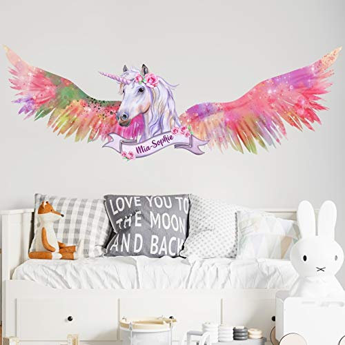 tjapalo® v124 Mädchen Wandtattoo Einhorn mit Namen Wandtattoo Kinderzimmer Mädchen name Mädchenzimmer kleinkind deko Wunschname, Größe: B130xH51cm