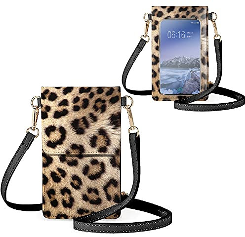 Biyejit Damen Touchscreen-Handtasche mit transparentem Fenster, Schutz, kleine Geldbörse, Crossbody-Handytasche, leopardenmuster