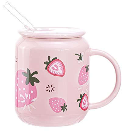 Sizikato Tasse en porcelaine avec couvercle et paille, 368,5 g, tasse à eau avec poignée, motif fraise mignon