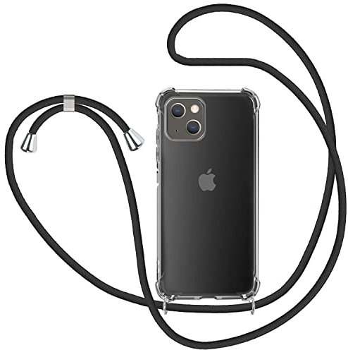 SAMCASE Coque avec Cordon pour iPhone 13, Transparent Silicone Collier Réglable Téléphone Étui Portable Lanière Housse - Noir