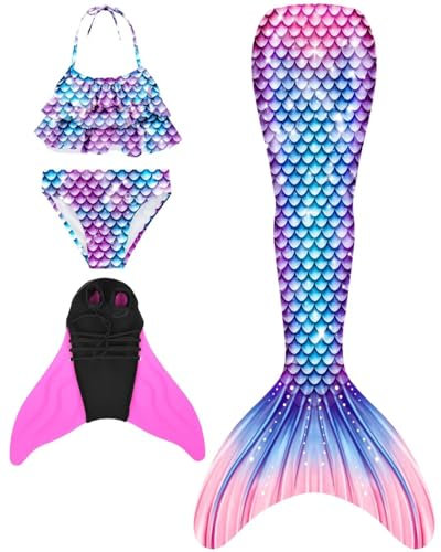 SPEEDEVE Mädchen Meerjungfrauenschwanz Zum Schwimmen mit Bikini Set und Monoflosse,Fenpu-m2,150