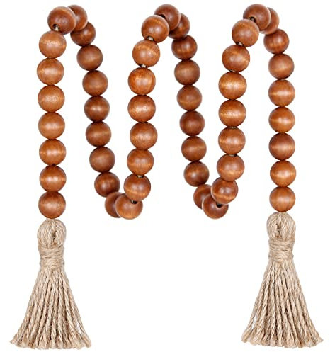 Meplait 39in Wood Bead Garland with Tassels, Farmhouse Rustic Decor Prayer Beads Boho Tassel Garland Wall Hanging Home Decor (Brown)