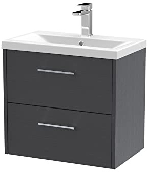 Hudson Reed JNU2224A Juno Modern Bathroom Wall Hung 2-Drawer Vanity with Mid-Edge Ceramic Basin, 600mm, Woodgrain Graphite Grey