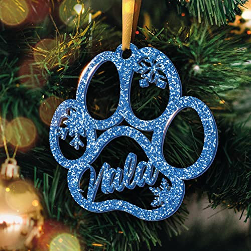 Personalisierte Weihnachtskugel - Lasergeschnittene Weihnachtsornamente mit personalisiertem Namen (Model: Dog Paw, Glitter Bleu/Blau)