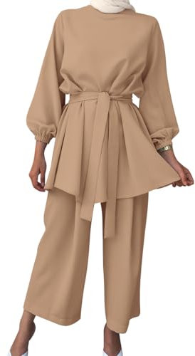 ODIZLI Gebetskleidung für Frauen Abaya Muslim Damen Muslimische Islamische Langarm Top + Lang Hose 2 Teiler Kaftan Khimar Namaz Elbisesi Ramadan Burka Ganzkörper Outfit Khaki L