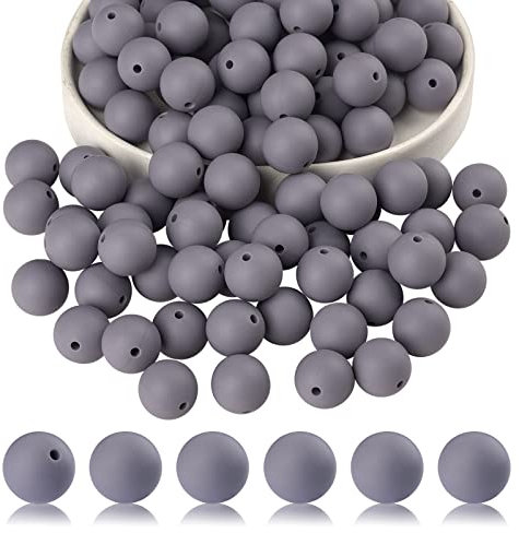 BEEFLYING 100 Pieces Silicone Beads Round Rubber Bead 15MM Loose Spacer Beads for DIY Supplies Jewelry Keychain Making (Gray)