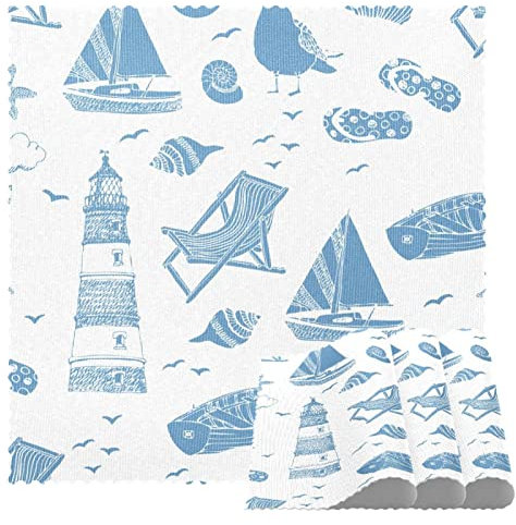 Sets de table carrés pour table de salle à manger, vocation, bateau, phare, chaise longue