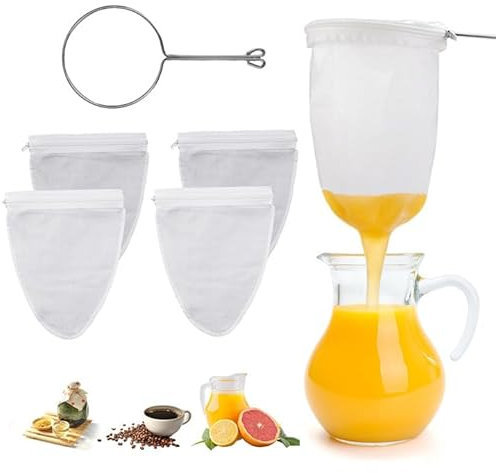 4 Stück Nussmilchbeutel, 1 Halter, Baumwolle Passiertuch Wiederverwendbar, Hafermilch Nut Milk Bag, Filtertuch Waschbar, Brew Bag zum Abseihen, für Nussmilch, Fruchtsaft, Sojamilch, Kaffee, Gemüsesaft