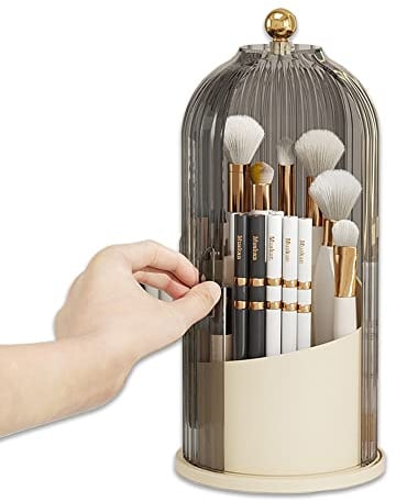 STARRY G Cosmetic Organiser Bucket with Visible Cover, 360° Rotating Makeup Organiser, Makeup Brush Holder Storage Case, Multifunctional Desktop Storage Box for Eyeliner, Lipstick, Eyebrow Pencil