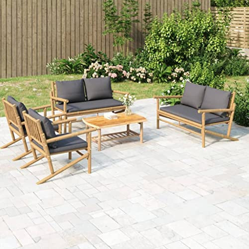 Festnight gartenmöbel Set 8 Personen sitzgruppe Garten 8 Personen Balkon sitzgruppe balkonmöbel Set 8 Personen Gartenmöbel Essgruppe Gartengarnitur Bambus-Dunkelgrau-2x Chair + 2X Bench + Table