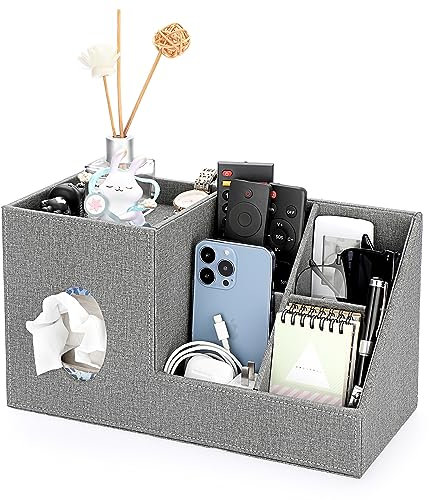 BTSKY Multifunctional Desktop OrganIzer - Household Office Tabletop Tissue Box Cover with Storage Holder, Linen Grey Desk Organizer for Tissue Remotes Cosmetics Pen Pencils