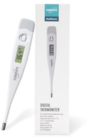 EUROPAPA TermÓMetro Digital De Fiebre Para BebÉS, Niños Y Adultos, TermÓMetro Para Uso Oral, Axilar O Rectal, Resistente Al Agua Con Alarma De Fiebre (Gris)