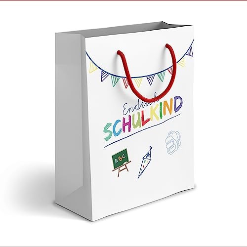 itenga Geschenktüte Geschenktragetasche 18 x 22,5 x 8 cm - Einschulung Geschenkverpackung Papiertragetasche Endlich Schulkind Schulanfang (weiß)