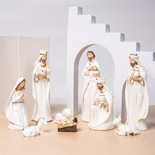 BestAlice Krippen-Sets, Weihnachtskrippen-Set, Kunstharz, Krippenfiguren-Set, Weihnachtsschmuck, Geschenke, Weihnachts-Tischszenen, Figuren-Set, Sammlerstücke, Arbeitsplatte, Statue,(Weiß)