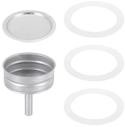 sourcing map Stovetop Espresso Maker Replacement Aluminium Coffee Pot Parts with 1pcs Filter and 3pcs Silicone Gasket Seals,1pcs Funnel 64x53x3.5mm for 6-Cup Mocha Coffee Maker Pot(Silver)