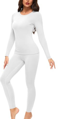 Ganado Thermounterwäsche Set Damen Innenfleece Thermowäsche Thermo Oberteil und Thermohose Leggings Winter Warm Unterwäsche Funktionsunterwäsche (Weiß, L)
