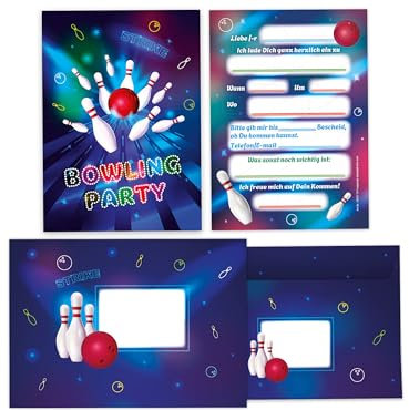 Limonia 12 Einladungskarten inkl. 12 Umschläge zum Kindergeburtstag Motto-Party Bowling neon Einladung Set Geburtstag Mädchen Kinder Jungs Jungen Boys Teenies