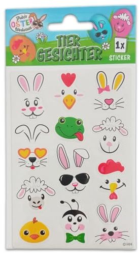 Oster Eier Sticker - freche Gesichter Aufkleber für Oster Eier Deko - Bogen 12 Motive / 12 Sticker (Tier Gesichter)