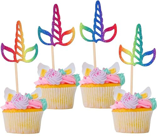 Rsstarxi 24 Pack Colorful Unicorn Horn Cupcake Toppers - Unicorn Birthday & Baby Shower Cake Decorations