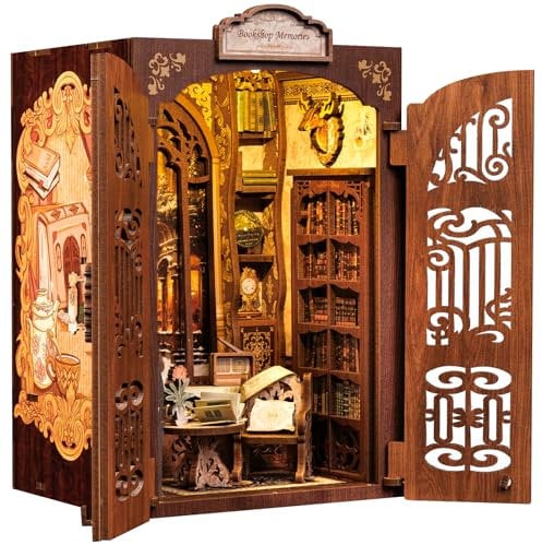 Cutefun DIY Book Nook Kit Maison de Poupées Miniatures Nook Nook Puzzle 3D Livre Bois Serre-Livres d'art avec Lumière LED et Feuille de poussière enfichable,Bookshop Memories