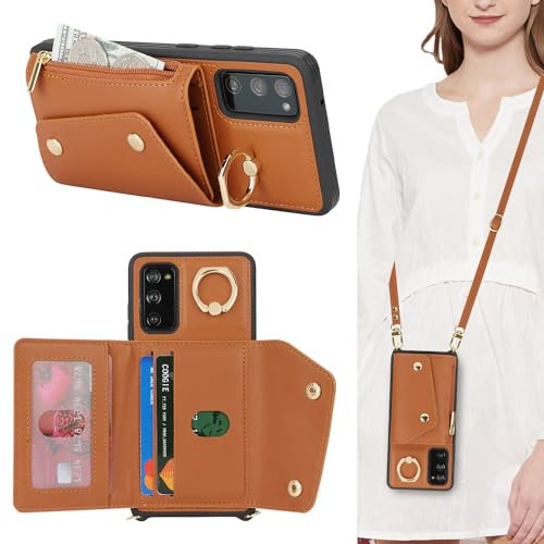 Lipvina Hülle für Samsung Galaxy S20 FE Hülle mit Band Kartenhalter handyhülle Hülle für Samsung Galaxy S20 FE mit Reißverschluss Band Ring Ständer Case für Frauen - Braun
