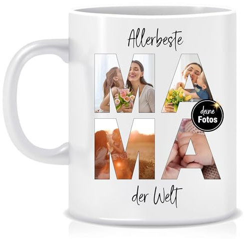 hoppala Personalisierte Fototasse für Mama – MAMA Buchstaben mit 4 Fotos, Geschenk zum Muttertag oder Geburtstag