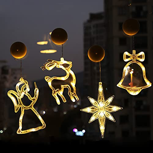 Bseical Luci di Natale da Interno LED a Batteria Bianco Caldo, Luci di Finestra Luci per Albero di Natale Decorazion, Regali Natale, con Ventose e Ganci (C-, 4 Pezzi)