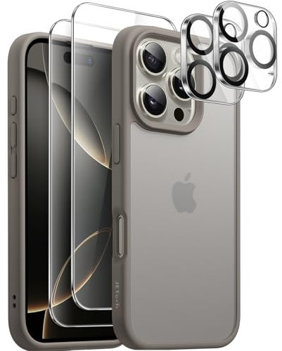 JETech 5 in 1 Matte Case for iPhone 16 Pro Max 6.9-Inch with 2-Pack Each Tempered Glass Screen Protector and Camera Lens Protector, Translucent Back Shockproof Phone Cover (Natural Titanium)