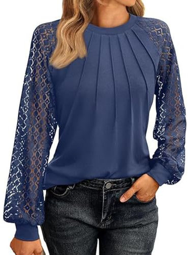 SYKT Womens Long Sleeve Waffle T-Shirts Lace Tops Casual Blouse Plain Round Neck Blue