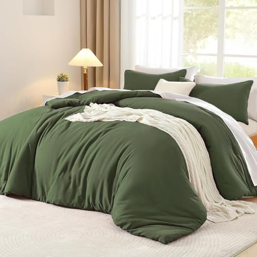 Luofanfei Housse de Couette Coton 220x240 Vert Olive Adulte Ado Uni 2 Personnes Parure de Lit Unie en Coton Housse Couette 240x220 Linge de Lit avec Fermeture éclair et 65x65cm Taies d'oreiller