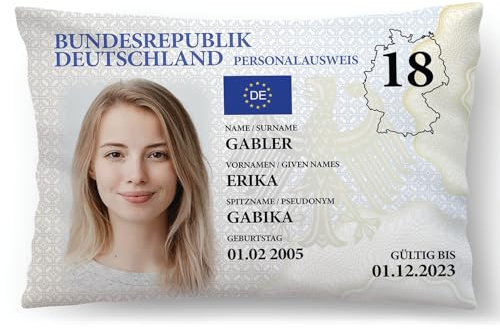 Personalausweis Kissen zum 18 Geburtstag | Bezug (mit Füllung) mit deinem Foto (40 x 60 cm) | Fotokissen mit Text Namen & Datum | Kissenbezug mit Kissenfüllung Geburtstagsgeschenk | DEUTSCH [091]