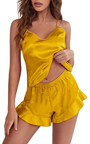 Generisch Ensemble de pyjama sexy en satin de soie à volants pour femme - Ensemble de pyjama en satin - Ensemble de pyjama confortable - Pour femme enceinte, jaune, L
