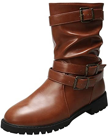 Stivali alti al ginocchio da donna con tacco a tinta unita in pelle stropicciata fibbia fibbia tacco grosso moda stivali alti al ginocchio elasticizzati, Marrone, 40 EU