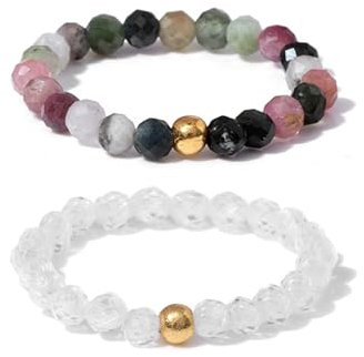 GoPaw Elastischer Naturstein Ring, 2 Stck.Perlen Elastische Ring, Perlenring elastisch, Anxiety Ring facettiert, Edelstein Perle Stapelbar Ring für Damen Mädchen (Weiß)