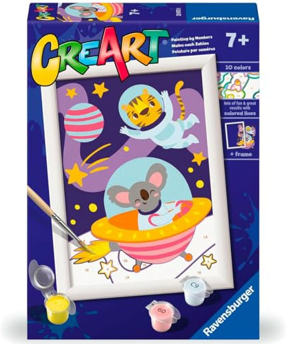 Ravensburger CreArt: Tiere im Weltraum — Malen mit Zahlen für Kinder ab 7 Jahren, Malset mit Brettern, Rahmen, Pinsel und Farben im Lieferumfang enthalten, 14 x 19 cm, Geschenkideen