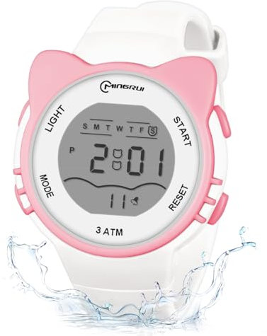 OFFCUP Digital Uhren für Kinder, Wasserdicht Kinderuhr Digital, Kinder Silikon Armbanduhr mit Katzenmotiv Sports Outdoor Digitaluhr mit Wecker Datum Stoppuhr Led Lichter Uhr -Weiß