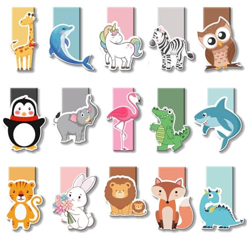 HOTUVEP Magnetisches Lesezeichen, 15 Stück Tiere Magnet für Kinder - Kleine Geschenke für Schüler, Junge, Mädchen, Buchliebhaber - Mitgebsel Kindergeburtstag