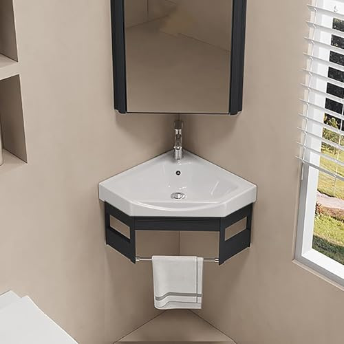 Hynbdes Eckwaschbecken mit Unterschrank,Wandmontiertes Keramikwaschbecken,Badunterschrank Waschbecken,Badmöbel-Set,Gäste Wc Klein,Badmöbel-Set für Badezimmer & Gäste-WCSchwarz-38 * 38