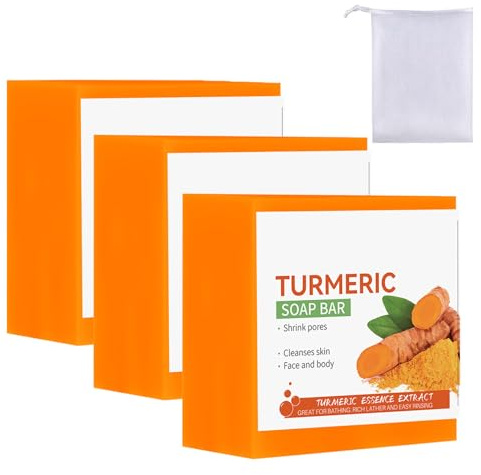 Kurkuma Seife, 3PCS 100% Natürliche Handgemachte Kurkuma-Seifenstücke Gesicht & Körper, Feuchtigkeitsspendend Seife Stück Naturkosmetik, Soap Bar Alle Hauttypen, Porenverkleinerung & Tiefenreinigung