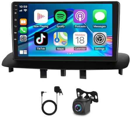 Slakerbe Android 14 Autoradio 2 Din mit Carplay Android Auto kompatibel mit Renault Megane 3 2009-2014, 4G+64G 9 Zoll Auto Radio Stereo mit Bluetooth Navi WiFi FM RDS Rückfahrkamera Mic