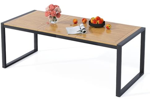GOPLUS Gartentisch, 200×90cm Terrassentisch wetterfest mit Metallrahmen und 3 Massivholzplatten, Esstisch rechteckig mit 5cm Schirmloch für 8 Personen, für Outdoor Garten Terrasse Hof (Modell E)