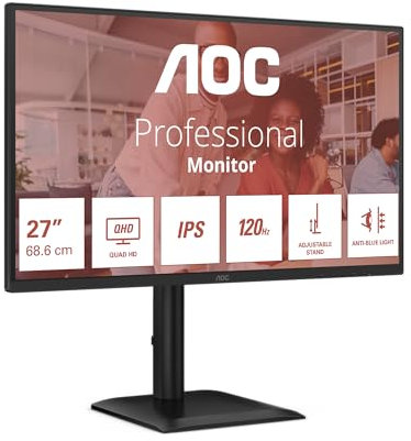 AOC Monitor QHD Q27E4U de 27 Pulgadas, 120 Hz, IPS, 1 ms MPRT, sincronización adaptativa, Modo HDR, Ajuste de Altura (2560 x 1440, HDMI 2.0, DP 1.2, USB Hub) Negro